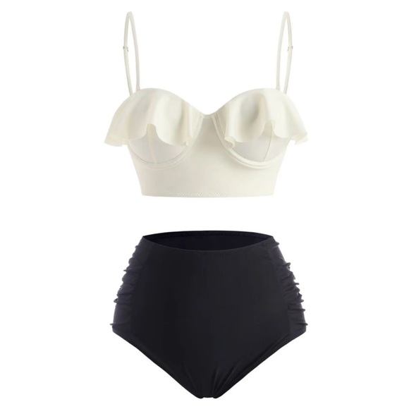 Push-Up Ruffled Tankini Set – Black & Ivory, Sweetheart Neckline, High-Waisted S - Picture 5 of 16